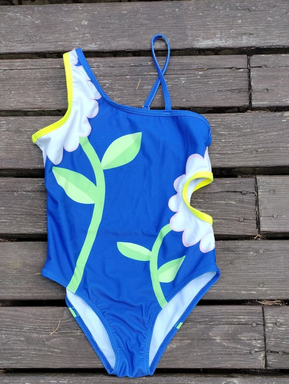 Size5/6,One Piece Girls Blue,Yellow,White And Green Swim Suit